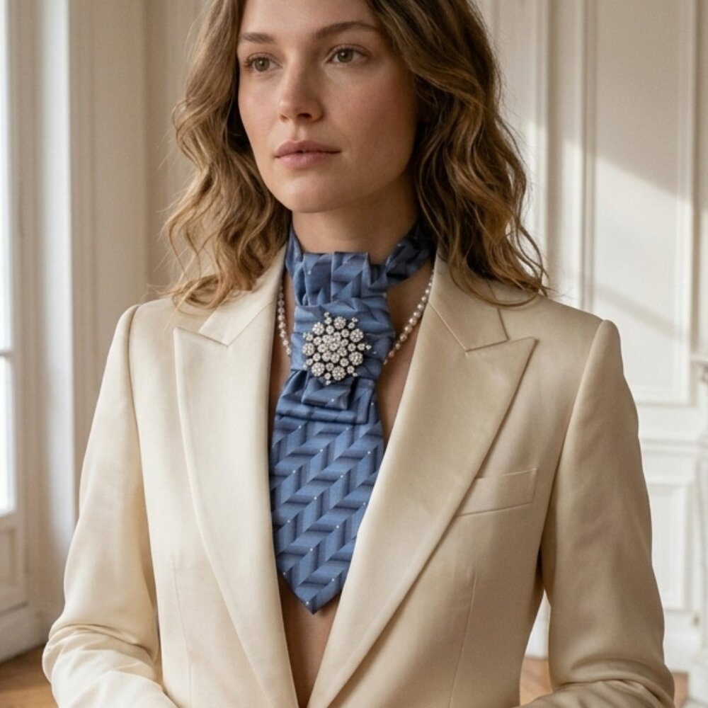 Elegant Blue Silk Statement Tie Necklace with Crystal Brooch